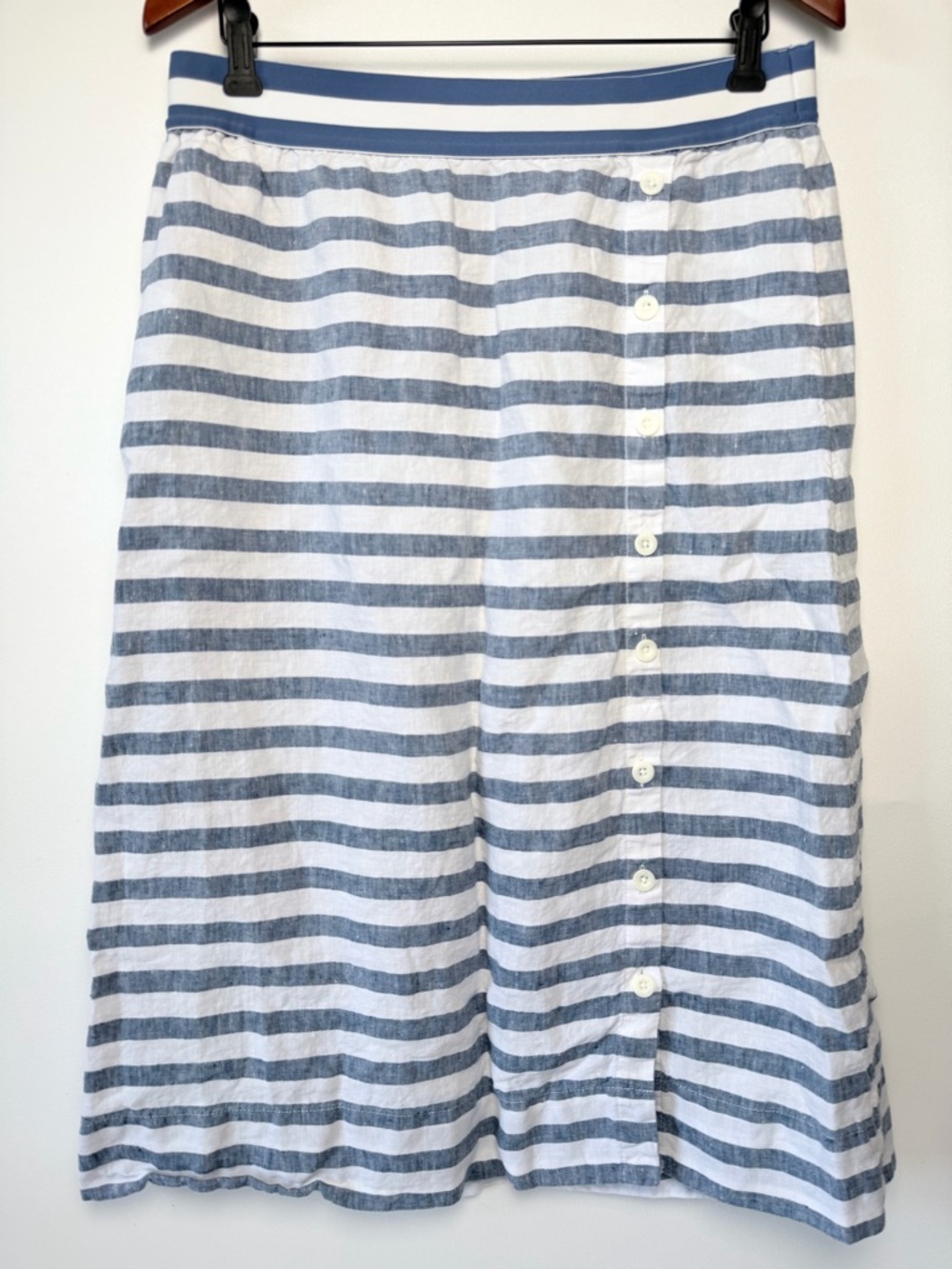 J. Jill Love Linen Blue White Striped Button Front Midi Skirt Womens L/XL Pocket